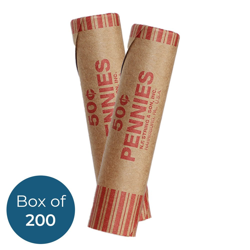 Cartridge Pre-Crimped Penny Coin Wrappers - Kraft Rolls - Box of 200 - with label two rolls