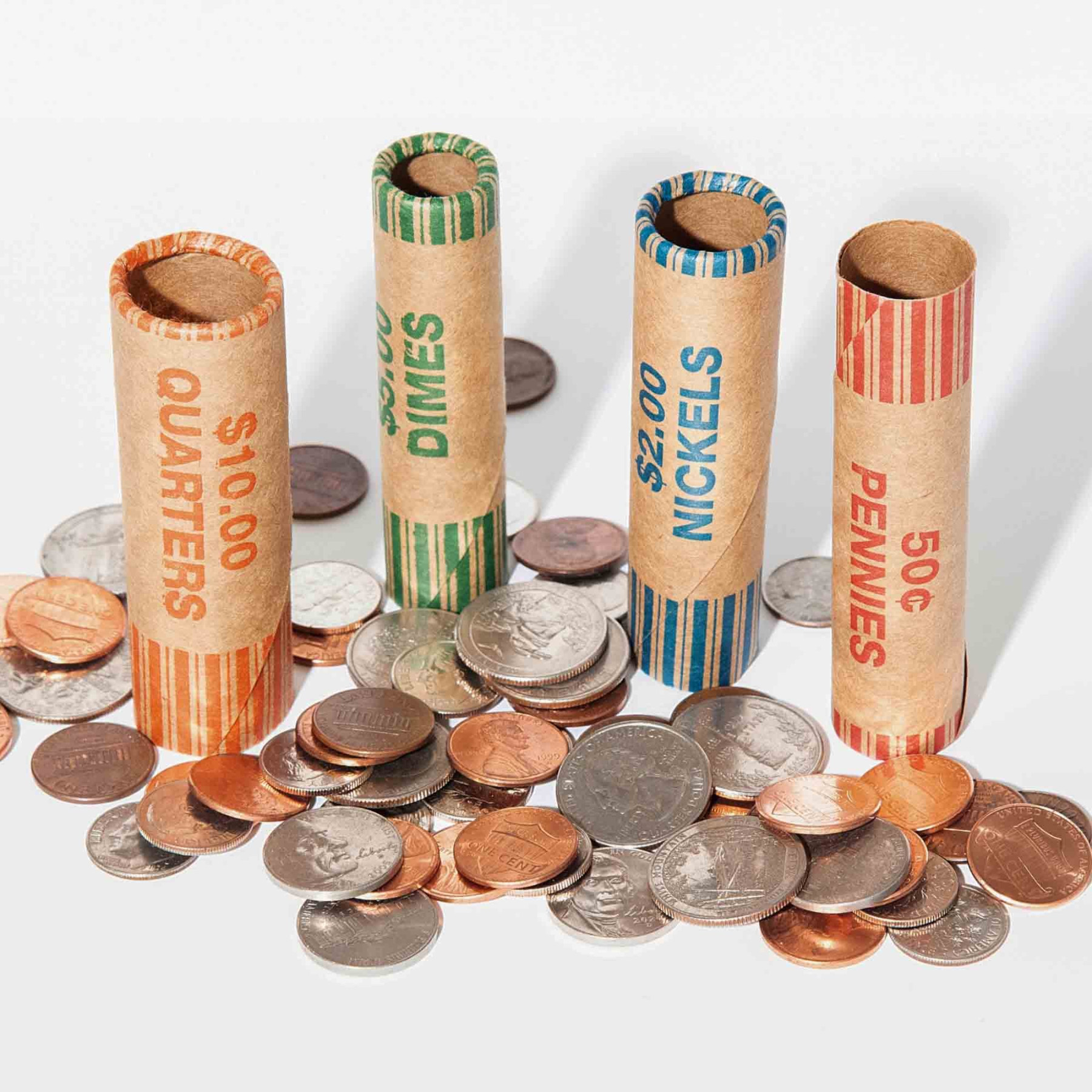 penny coin roll, nickel coin wrapper, dime coin roll, quarter coin wrapper - all shown in use 