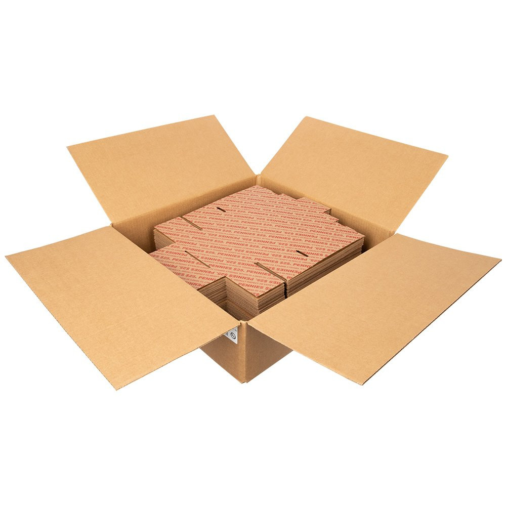 Box of 50, Fold and Tuck Penny Transport Boxes in product packaging. Each boxes holds $25.00
