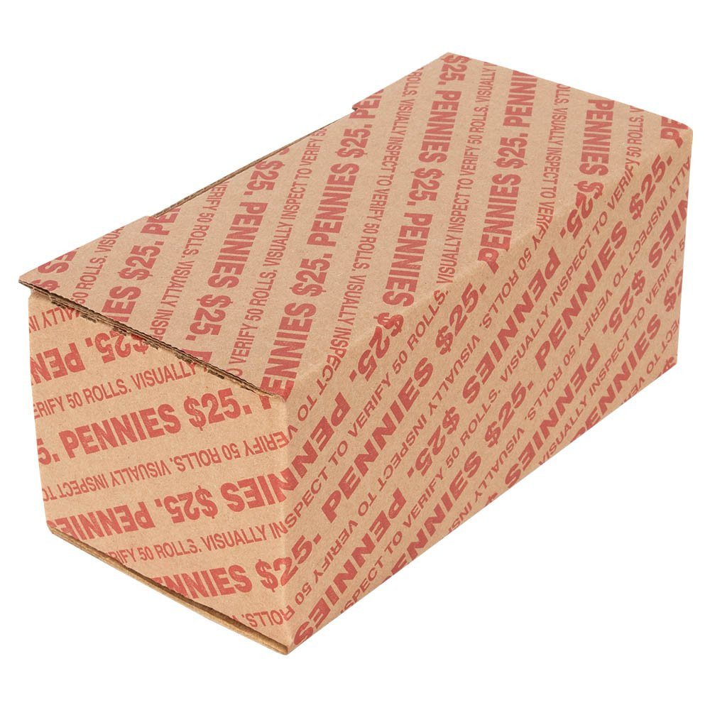 $25 Capacity Penny Transport Box, Fold and tuck style. Product shown closed in image.