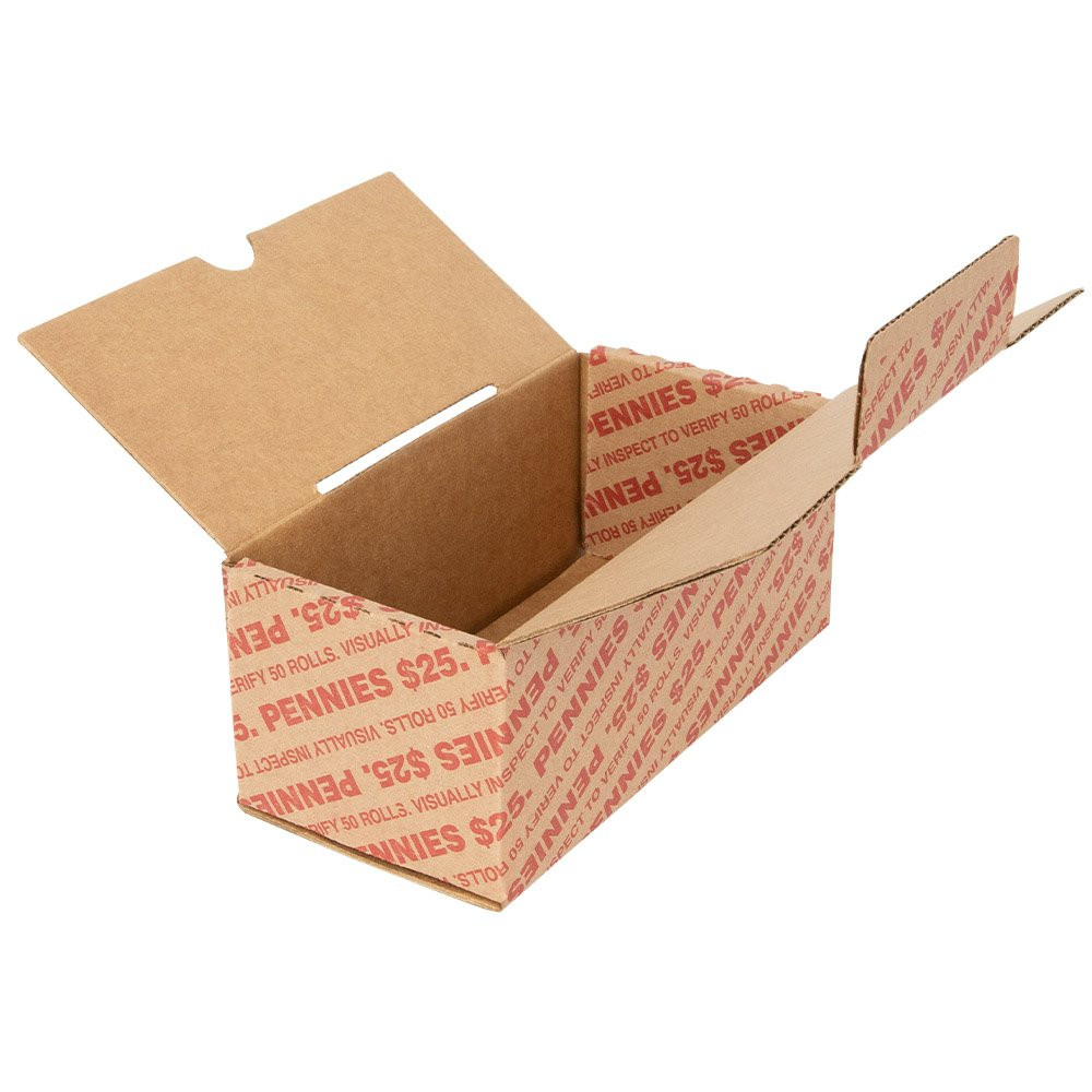 Penny Transport Box shown empty and open. Top folds shown in image. 