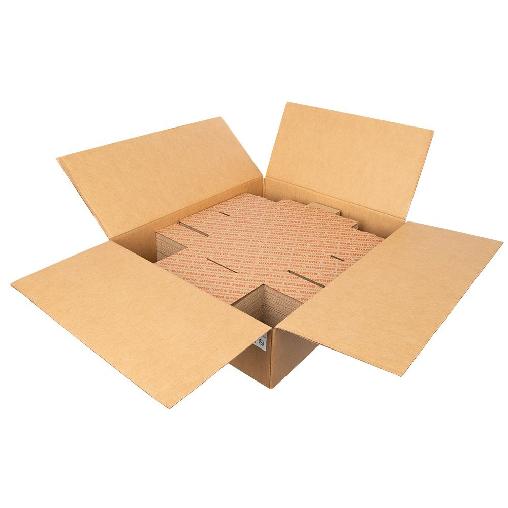 Sold in Box of 50, Fold and Tuck Quarter Transport Boxes in product packaging. Each boxes holds $500