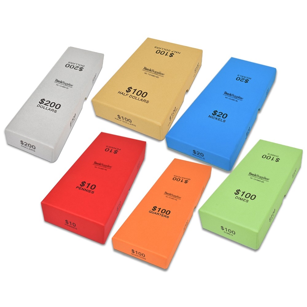 Coin Storage Boxes, red/penny, blue/nickel, green/dime, orange/quarter, beige/half dollar, gray/dollar coin; Chipboard Rolled Coin Storage Boxes for Bank Wrapped Rolls