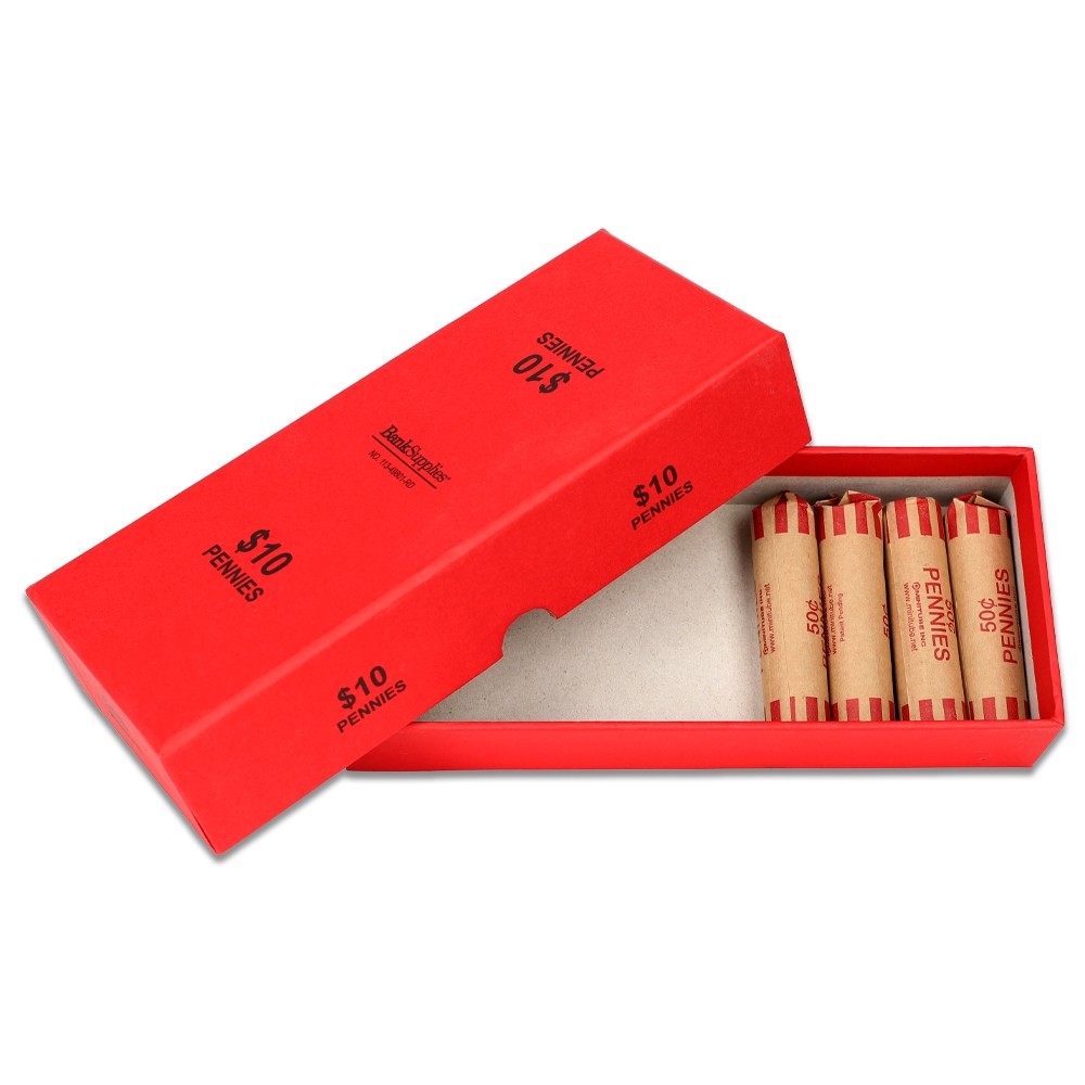 red penny chipboard rolled coin storage box opened in use with 4 penny rolled coin