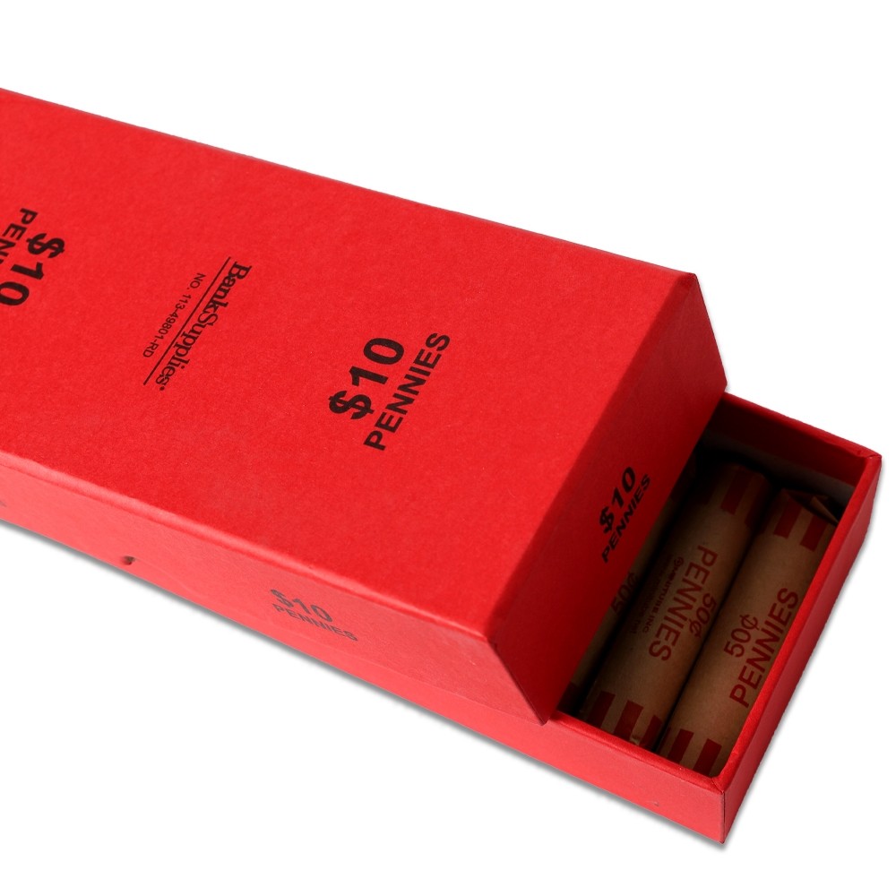 red penny chipboard rolled coin storage box opened in use with rolled coin