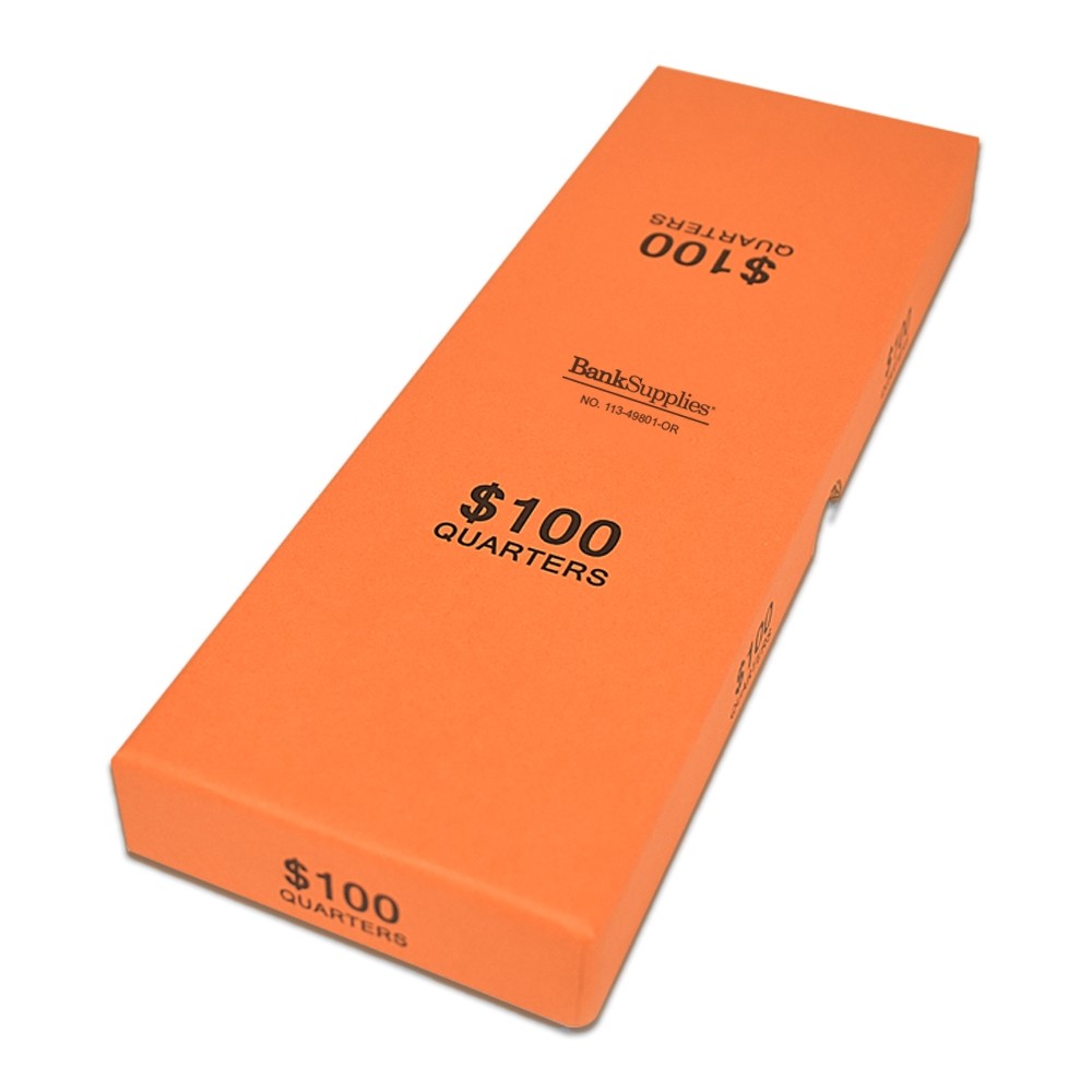 Chipboard Rolled Coin Storage Boxes for Bank Wrapped Rolls - Orange - Quarter - $100