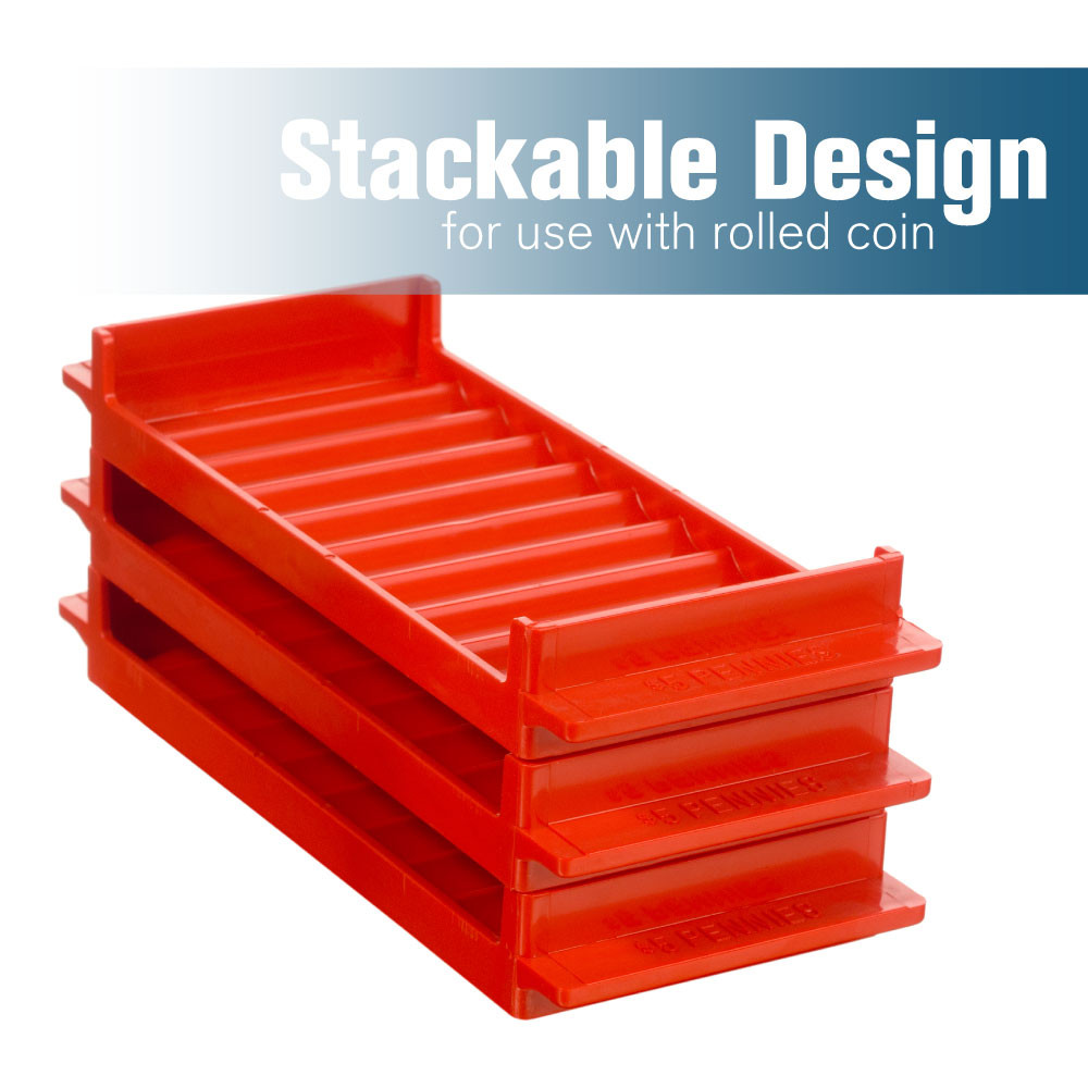 3 Red Penny Port-a-Count Storage Tray shown stacked; stackable design for use with rolled coin