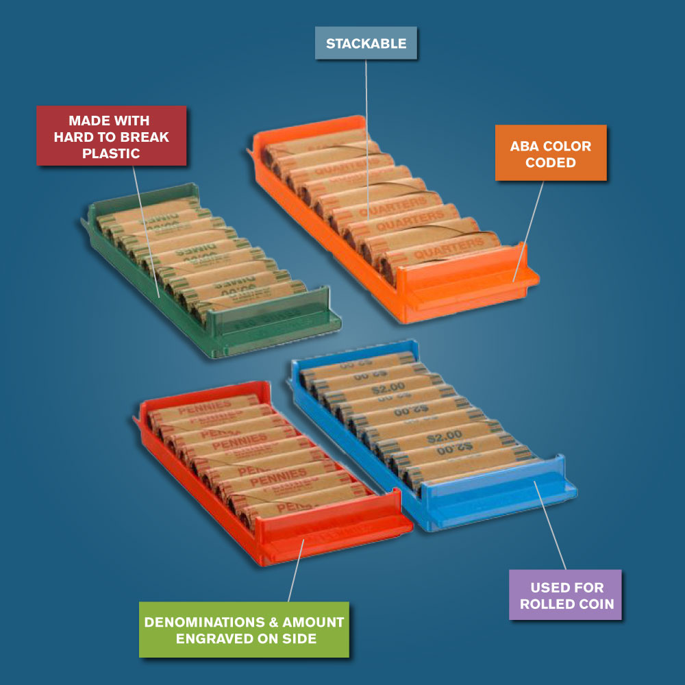 Coin Tray Set - Penny, Nickel, Dime, Quarter in use with rolled coin, ABA color coded, stackable, made with hard to break plastic, Demonminations & amount engraved on side, used for rolled coin
