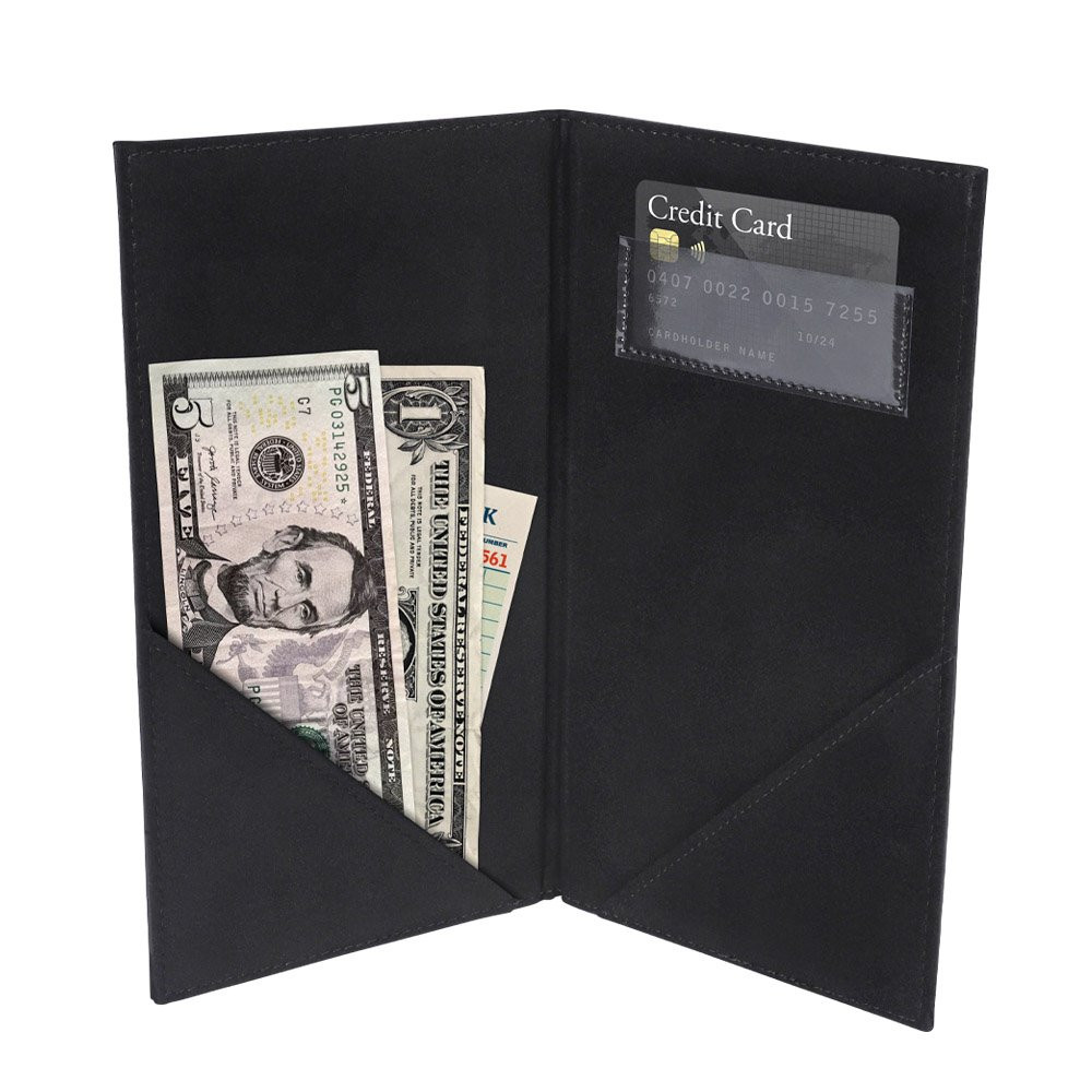 Leatherette Guest Check Presenter with Credit Card Pocket- 5-1/2W x 10H-Shown open in use