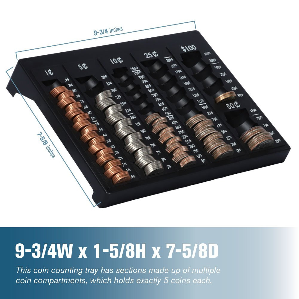 Self Counting Loose Coin Tray in Black; accommodates 6 denominations, penny, nickel, dimes, quarters, halves, SBA dollars ; dimesions 9-3/4W x 1-5/8H x 7-5/8D