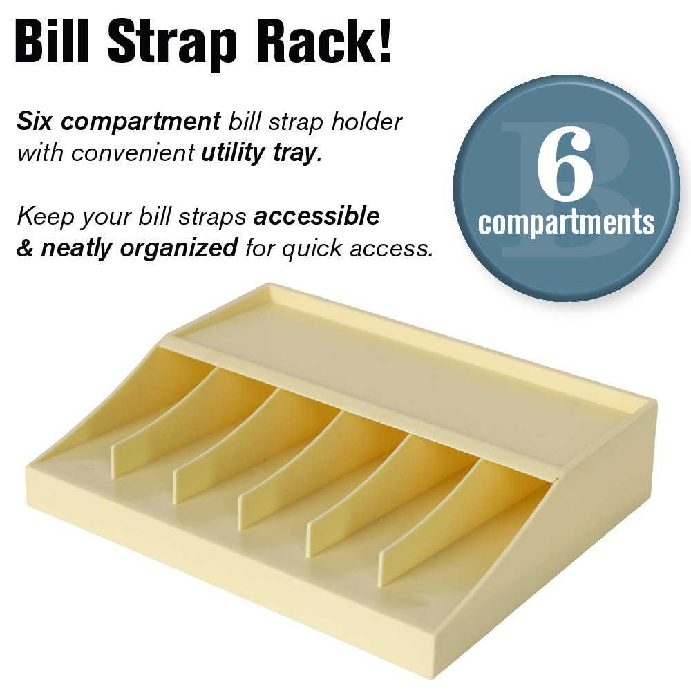  Champagne Plastic Bill Strap Rack with 6 compartments to keep bill straps organized for quick access.