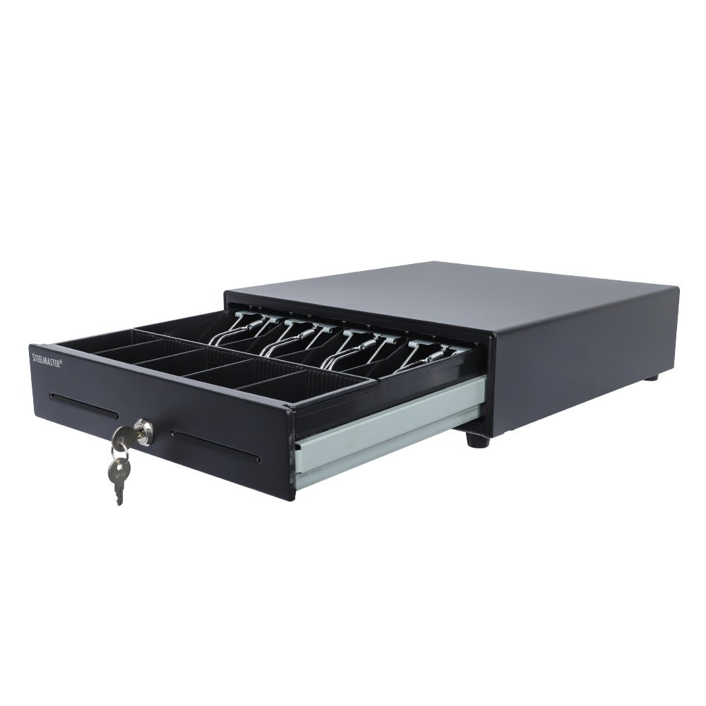 STEELMASTER® 1046T Touch Release Compact Cash Drawer 13W x 3 1/2H x 14D semi-side view