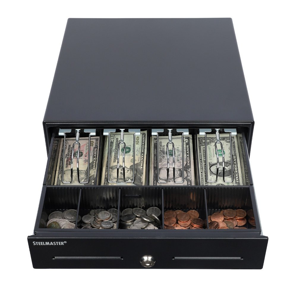 STEELMASTER® 1046T Touch Release Compact Cash Drawer 13W x 3 1/2H x 14D open drawer with realistic cash