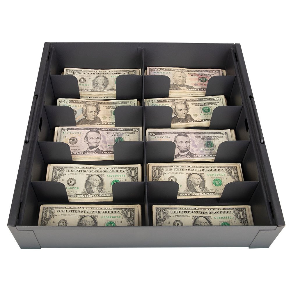Top down view of the STEELMASTER® Metal Cash Tray with 10 Cash Compartments with money in compartments