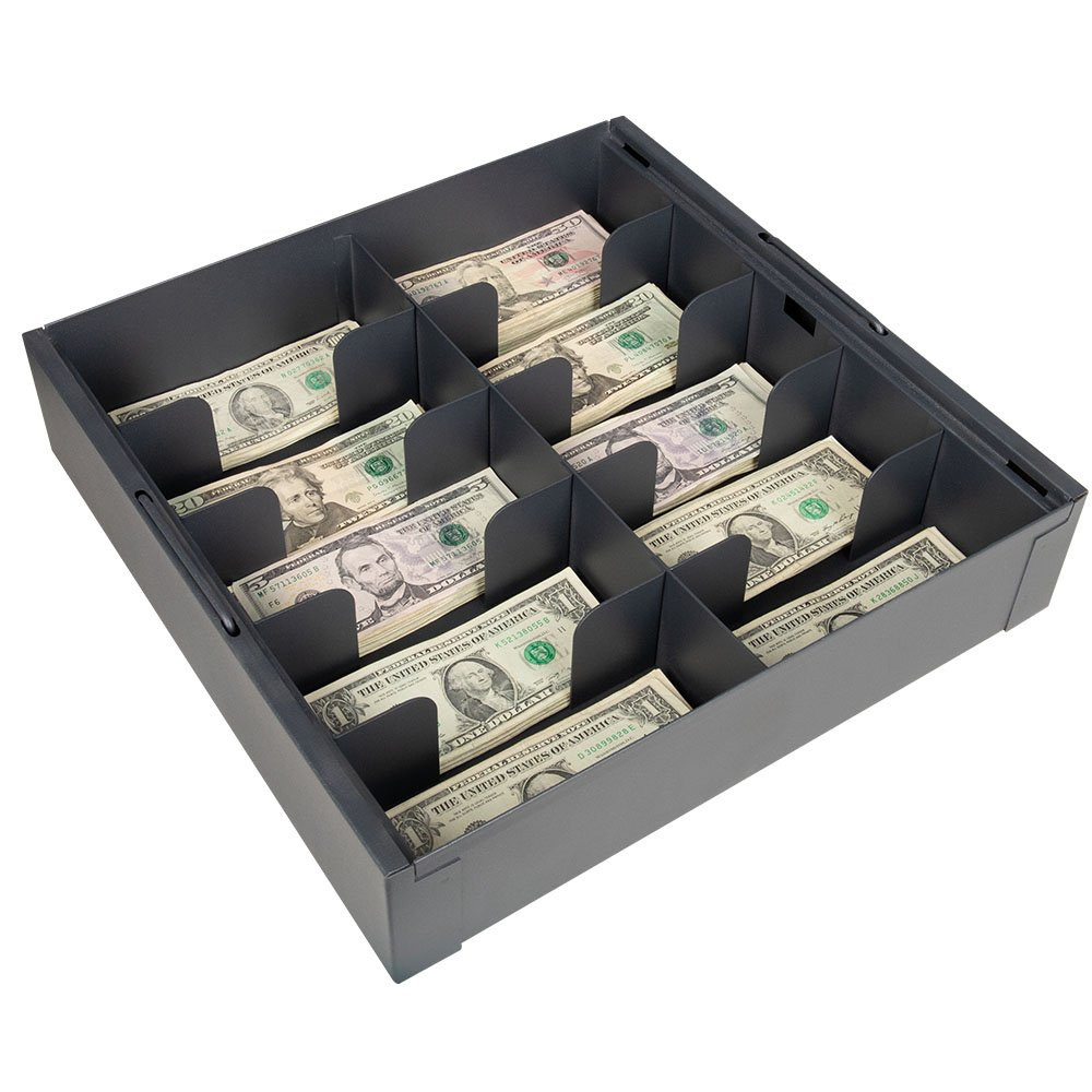 Angled Top down view of the STEELMASTER® Metal Cash Tray with 10 Cash Compartments with money in compartments