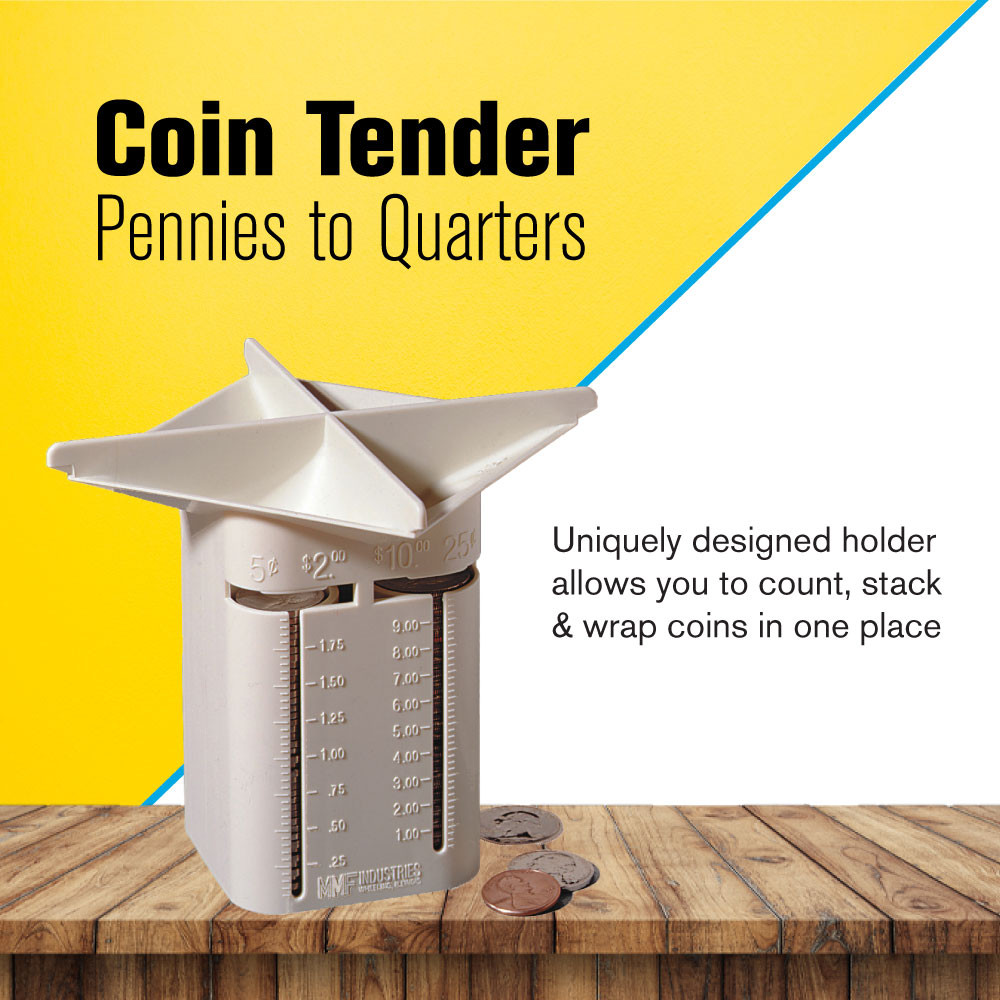 Coin tender Pennies to Quarters; Uniquely designed holder allows you to count, stack & wrap coins in one place 