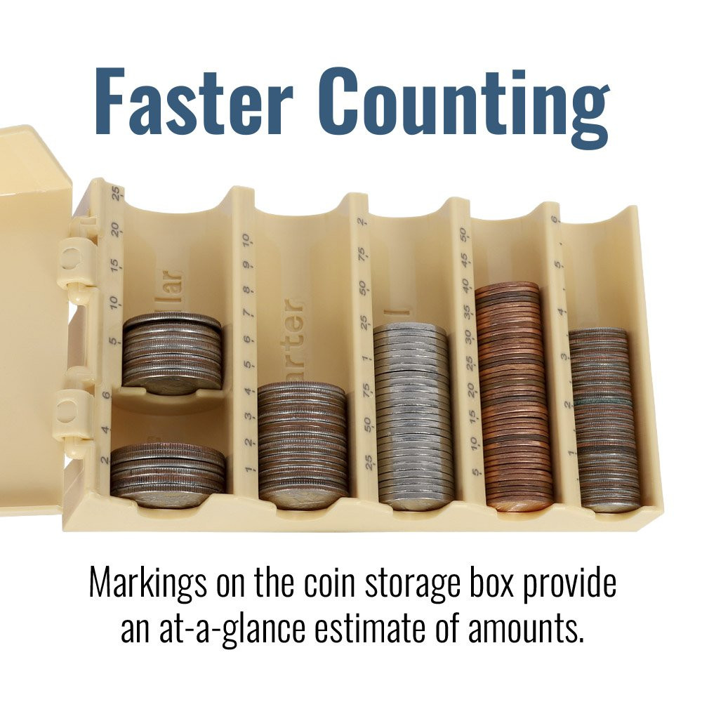 Count Fast with Clamshell Plastic Coin Holder Storage Box - 6-1/4W x 1-7/8H x 3-5/8D