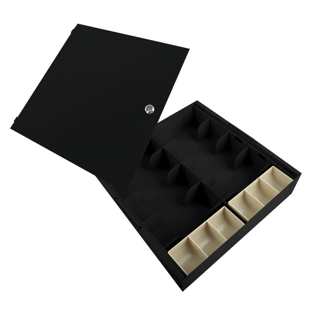 Up close view of the black Fenco metal money tray with locking lid