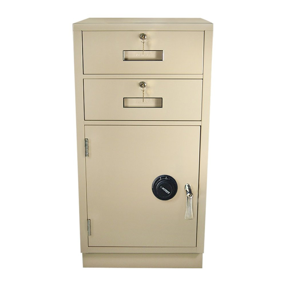 Fenco Teller Pedestal shown with key locking L-handle and mechanical combination