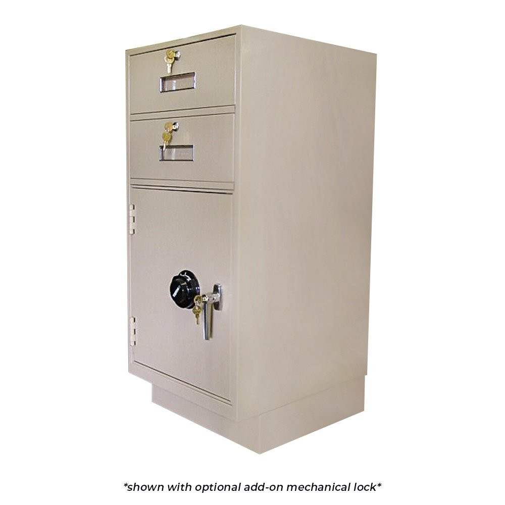 Fenco Teller Pedestal shown with key locking L-handle and mechanical combination