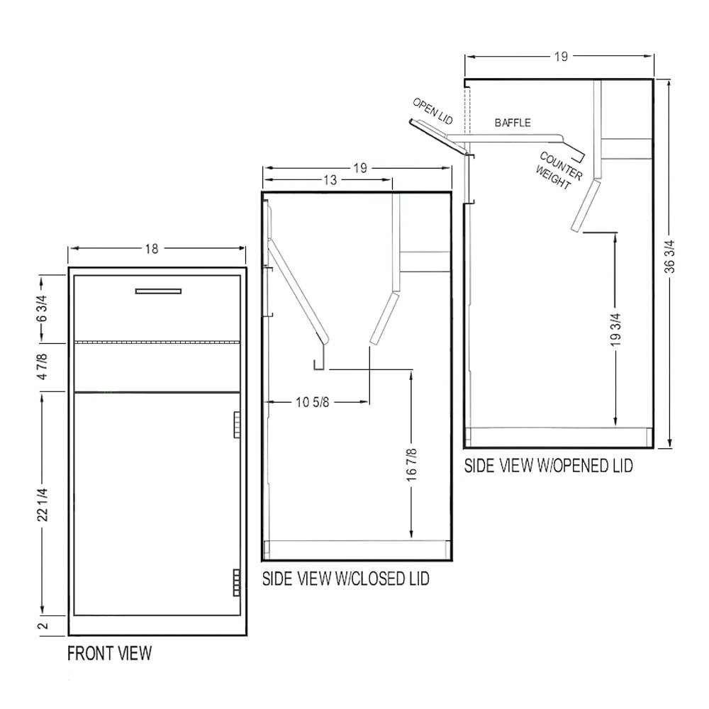 Fenco Limited Access Depository Pedestal-Front view- Side view with closed lid- Side view with open lid