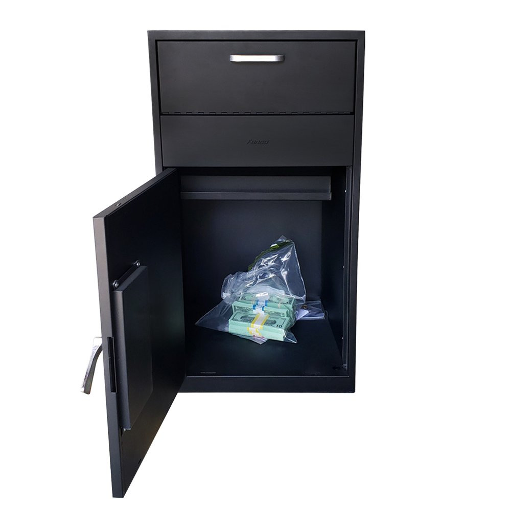 Fenco Limited Access Depository Pedestal-1 Depository Chute-1 Hinged Locker shown with deposit inside