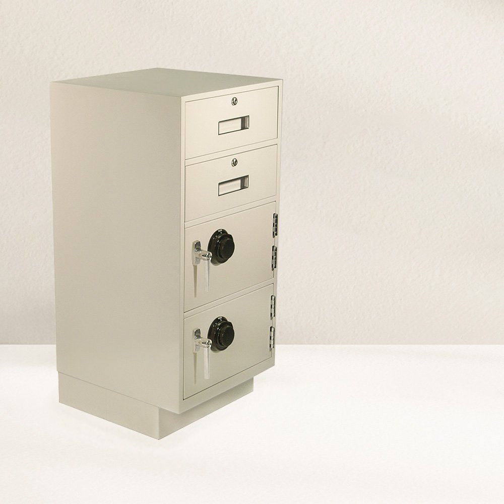 Fenco Silverline Pedestal shown with key locking L-handles and mechanical combinations