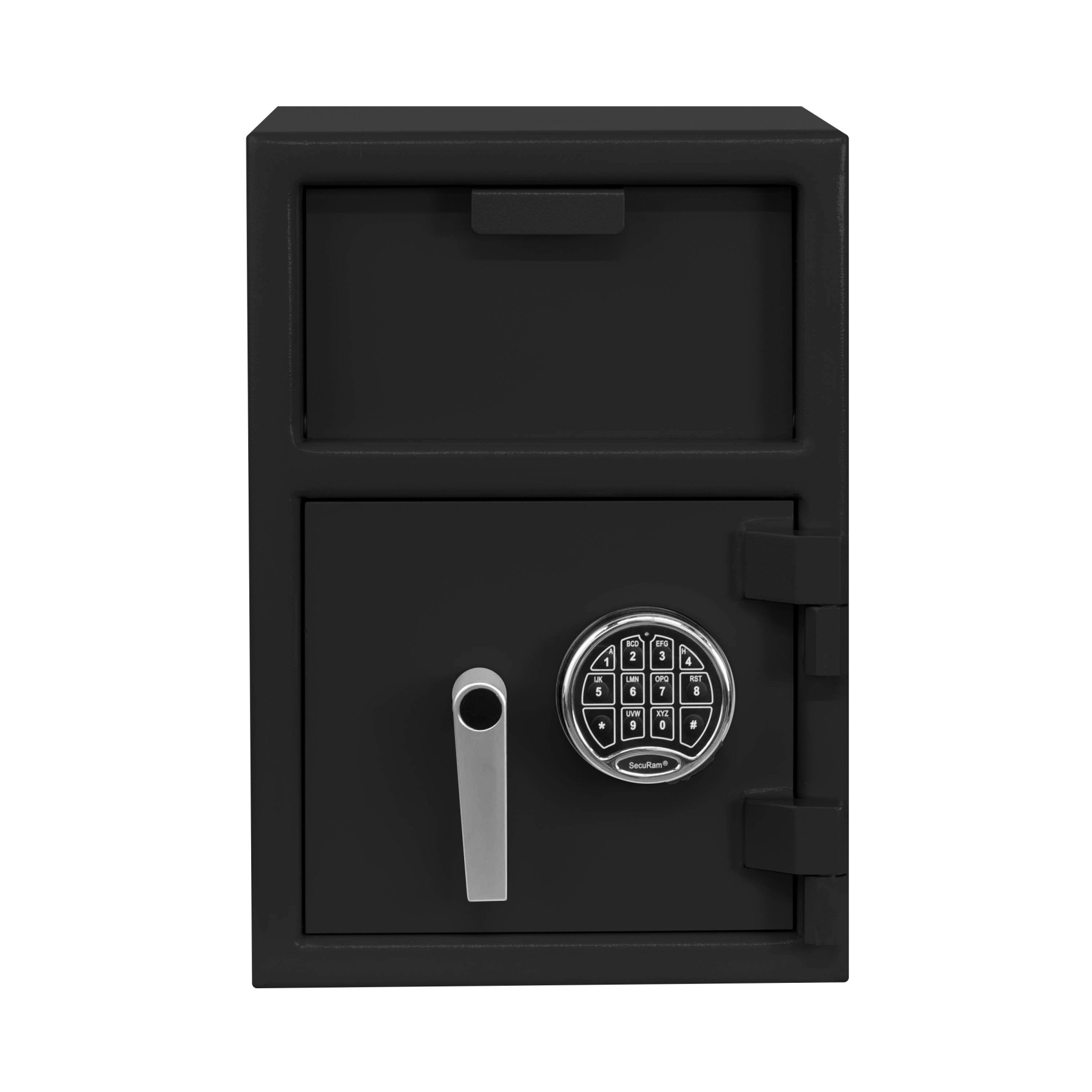 Black-Front-Chrome Key Pad-Pacific Safe B-Rate Depository Safe - Front Load Hopper - 14W x 20H x 14D - Heavy Weight