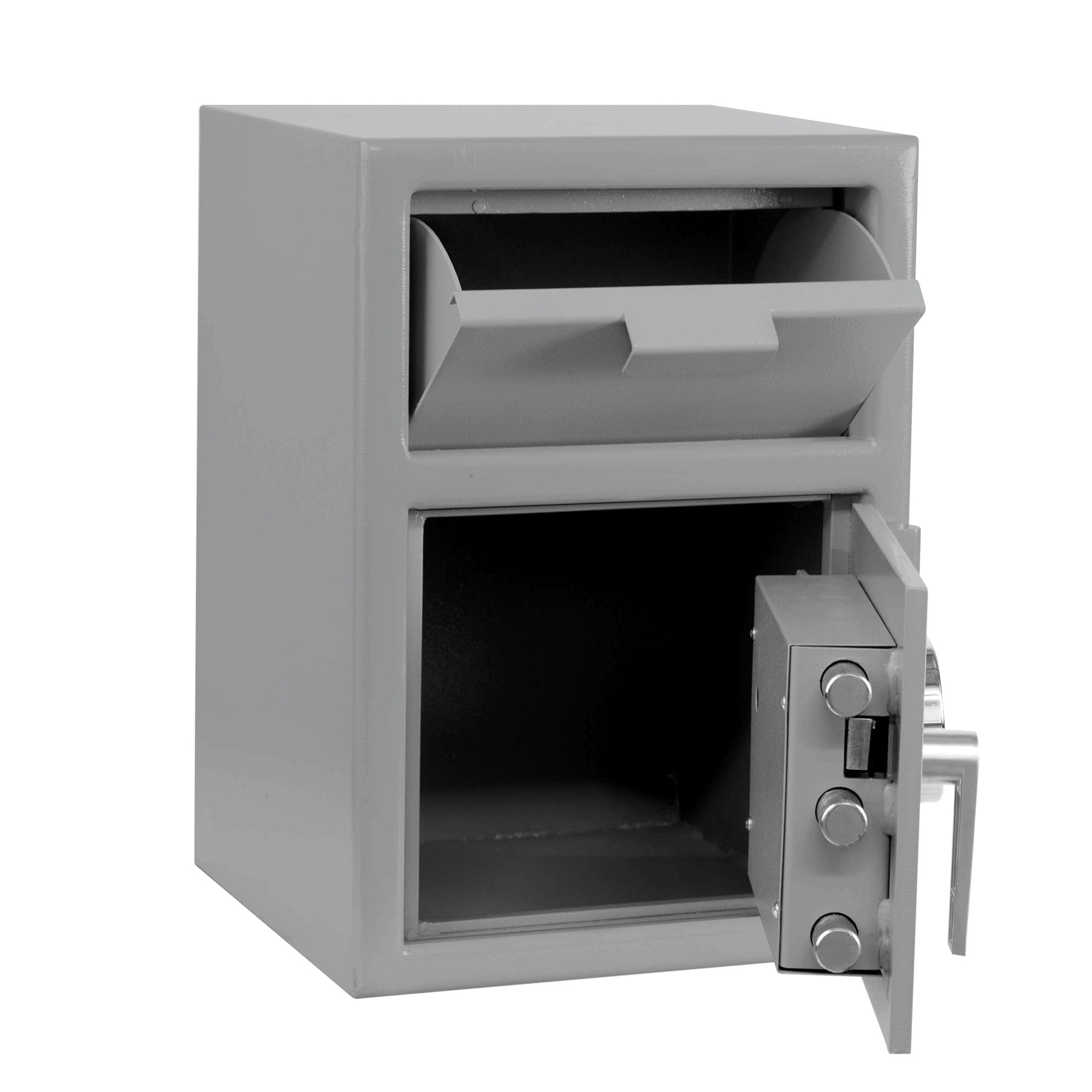 Gray-Open-Chrome Key Pad-Pacific Safe B-Rate Depository Safe - Front Load Hopper - 14W x 20H x 14D - Heavy Weight