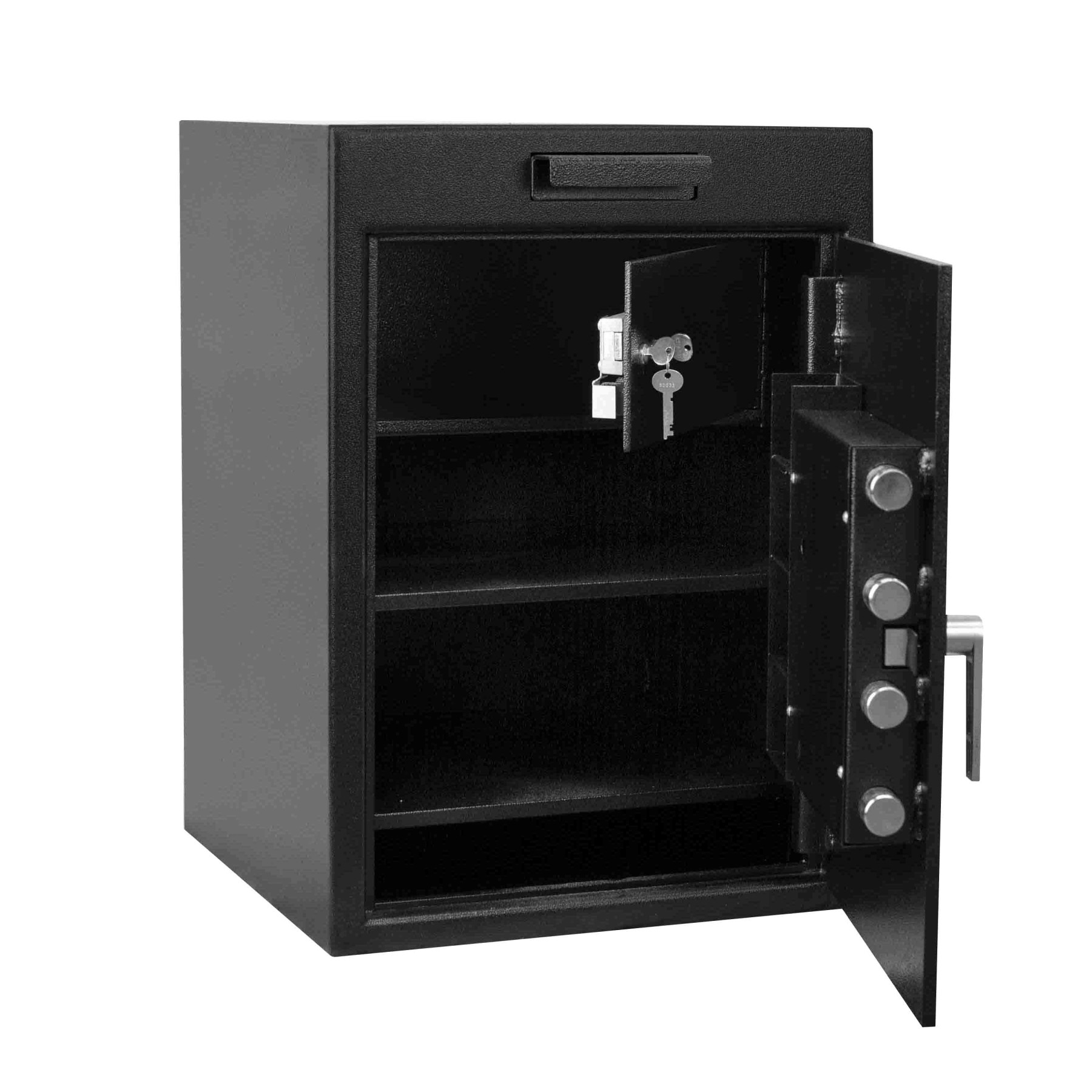 black-open-Pacific Safe B-Rate Depository Safe - Pull Drawer w/ Manager Compartment - 20W x 28H x 20D