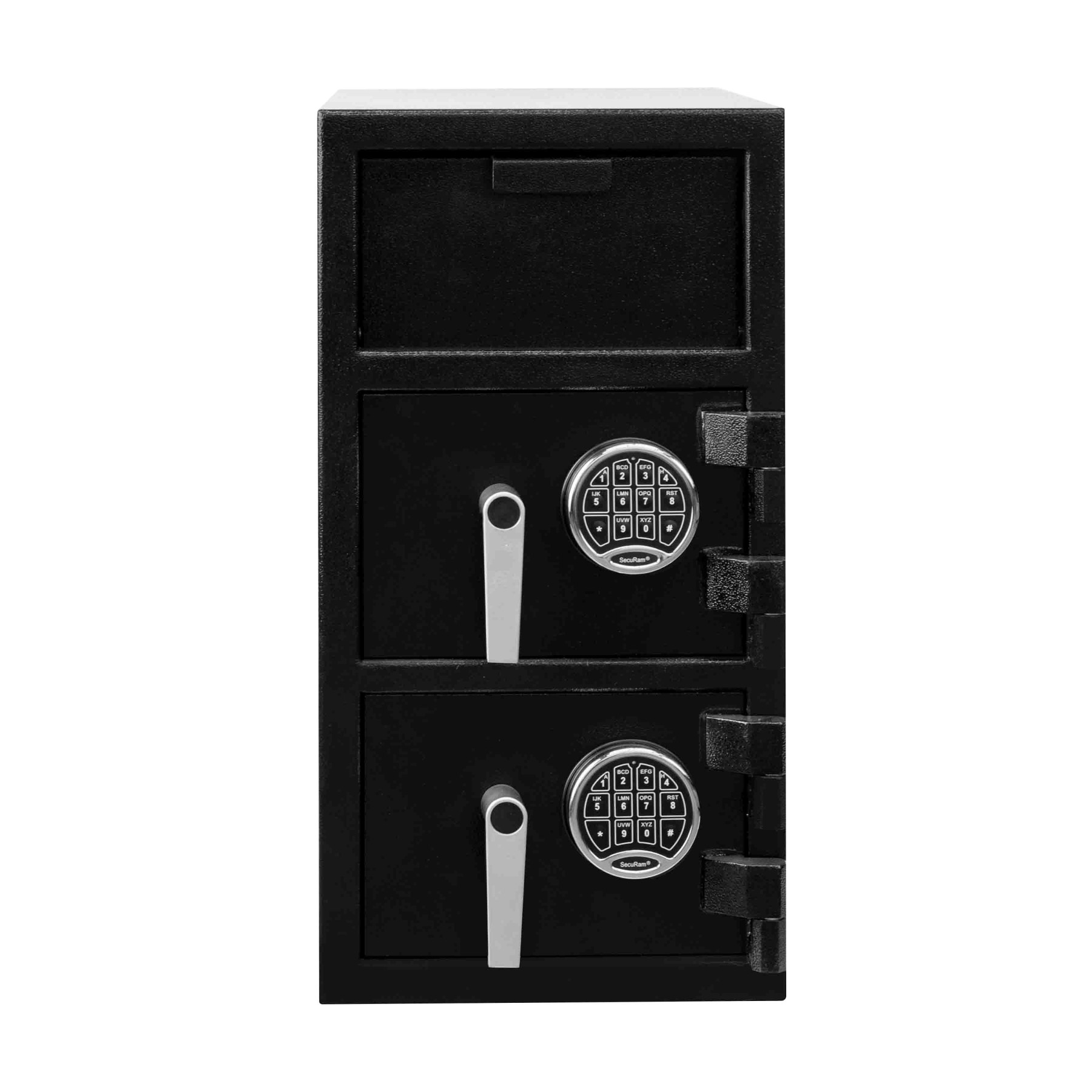 Black- Chrome Key Pad-Pacific Safe B-Rate Depository Safe - Top and Bottom - Front Load Hopper - 14W x 27H x 14D