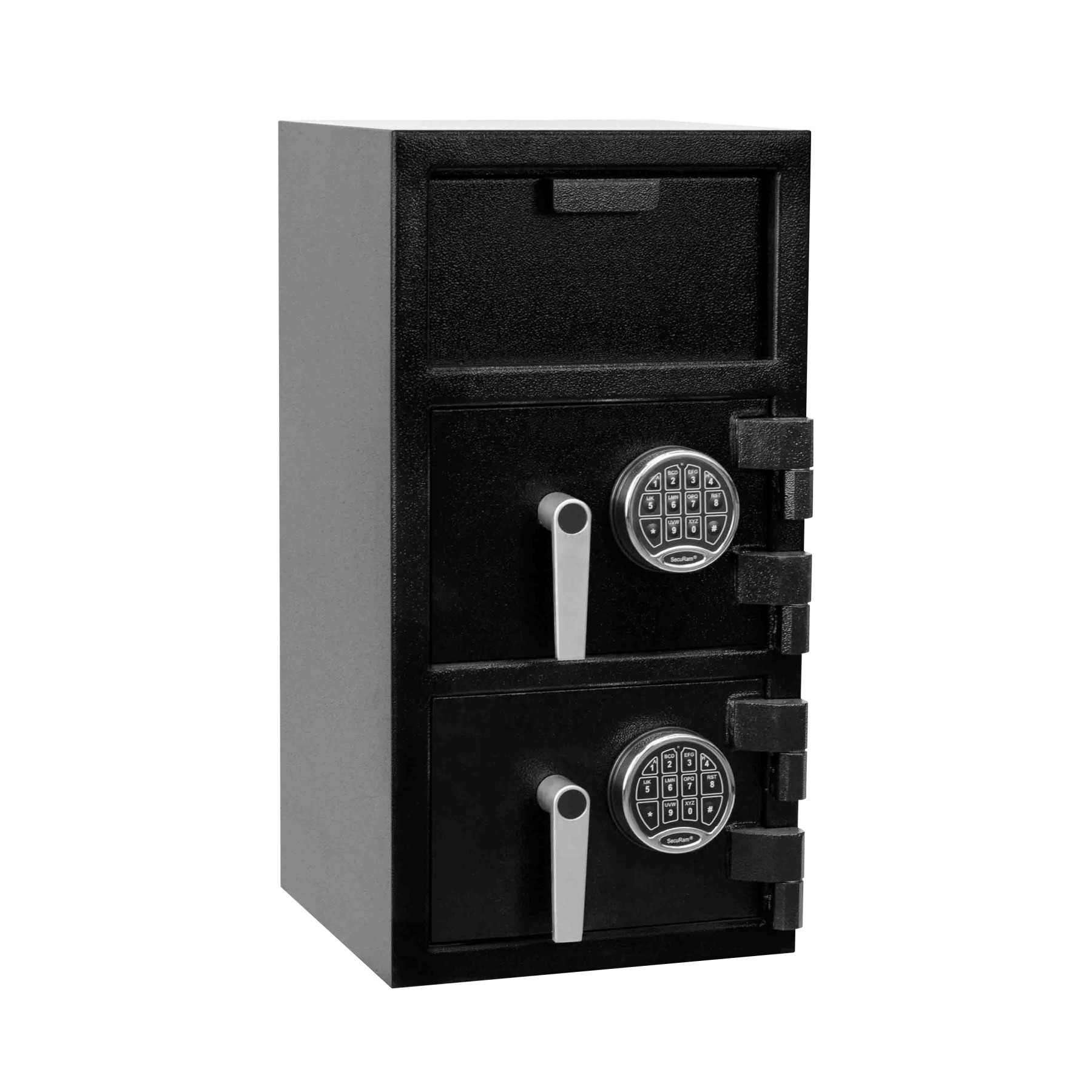 Black-Chrome Key Pad-Pacific Safe B-Rate Depository Safe - Top and Bottom - Front Load Hopper - 14W x 27H x 14D