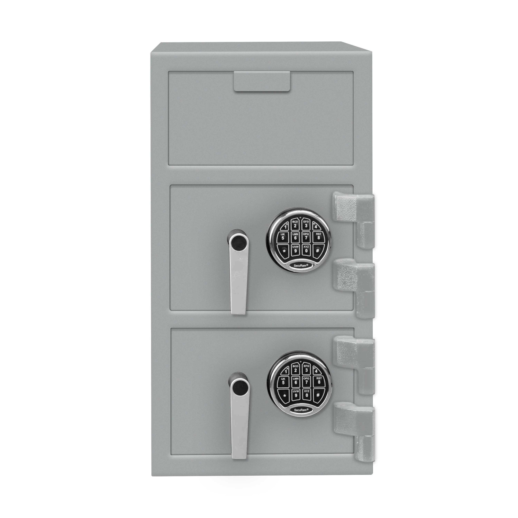 Gray-Chrome Key Pad-Pacific Safe B-Rate Depository Safe - Top and Bottom - Front Load Hopper - 14W x 27H x 14D