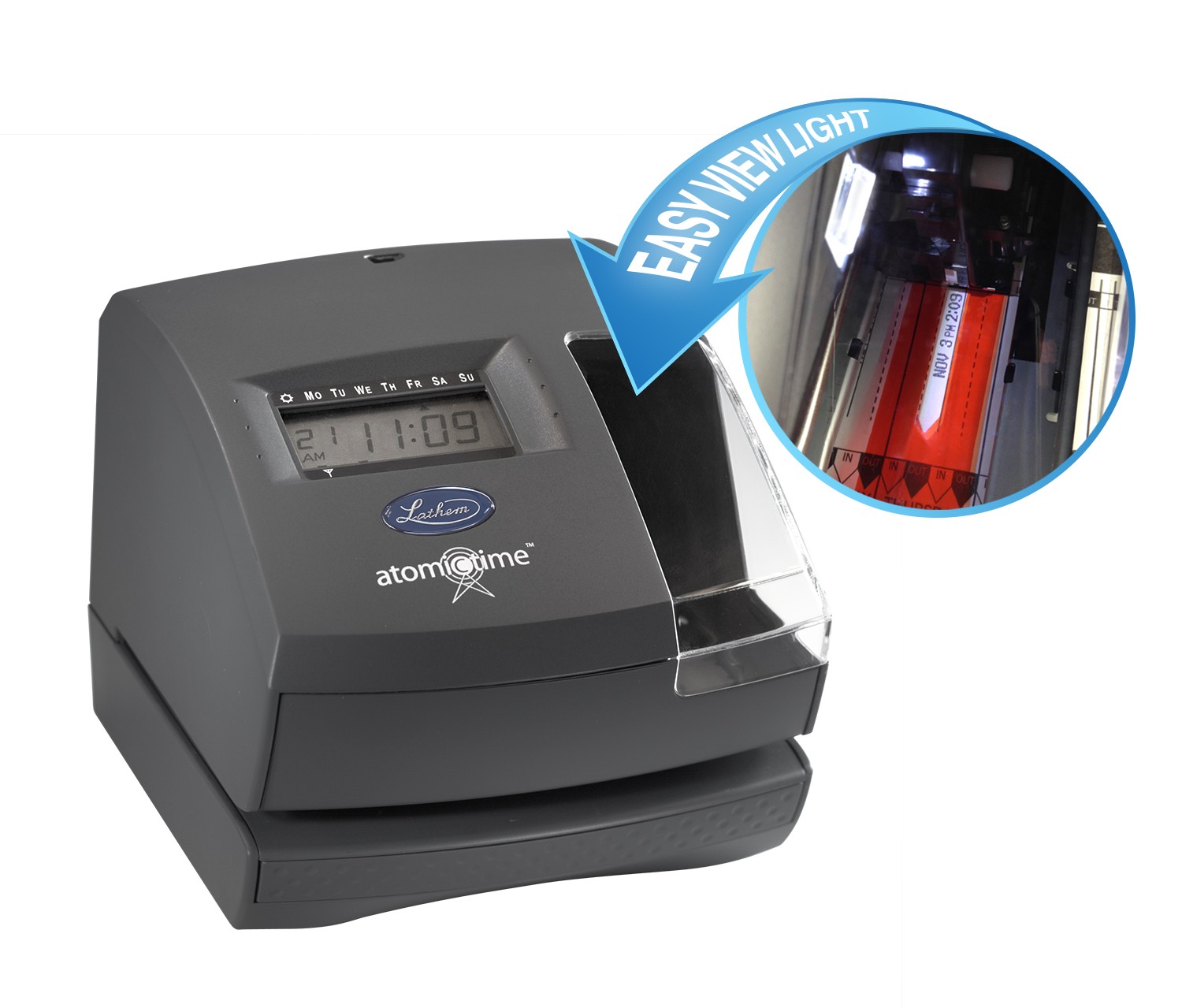 Lathem Model 1600E Date/Time Side Print Stamper showing the easy view light 