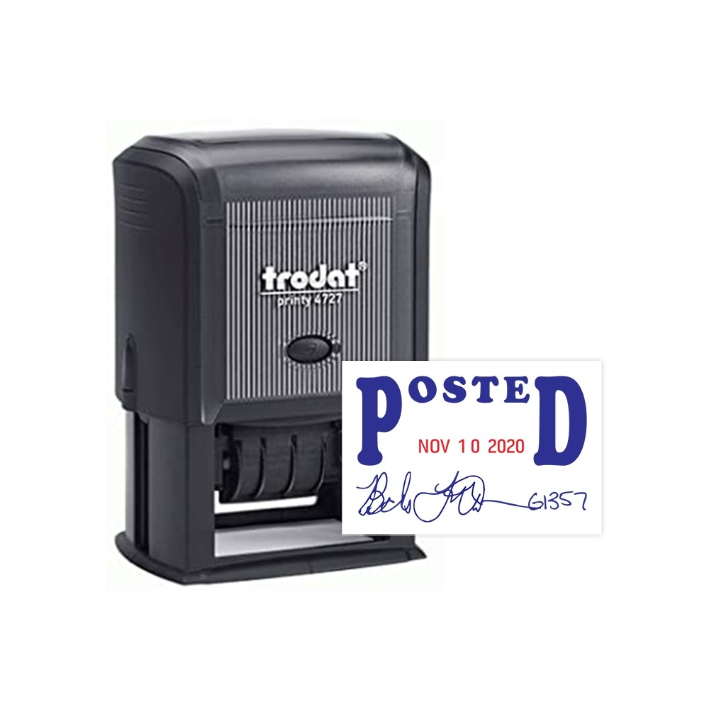 Self-Inking Signature Stamp - Posted w/ Date - Blue Text w/ Red Date 