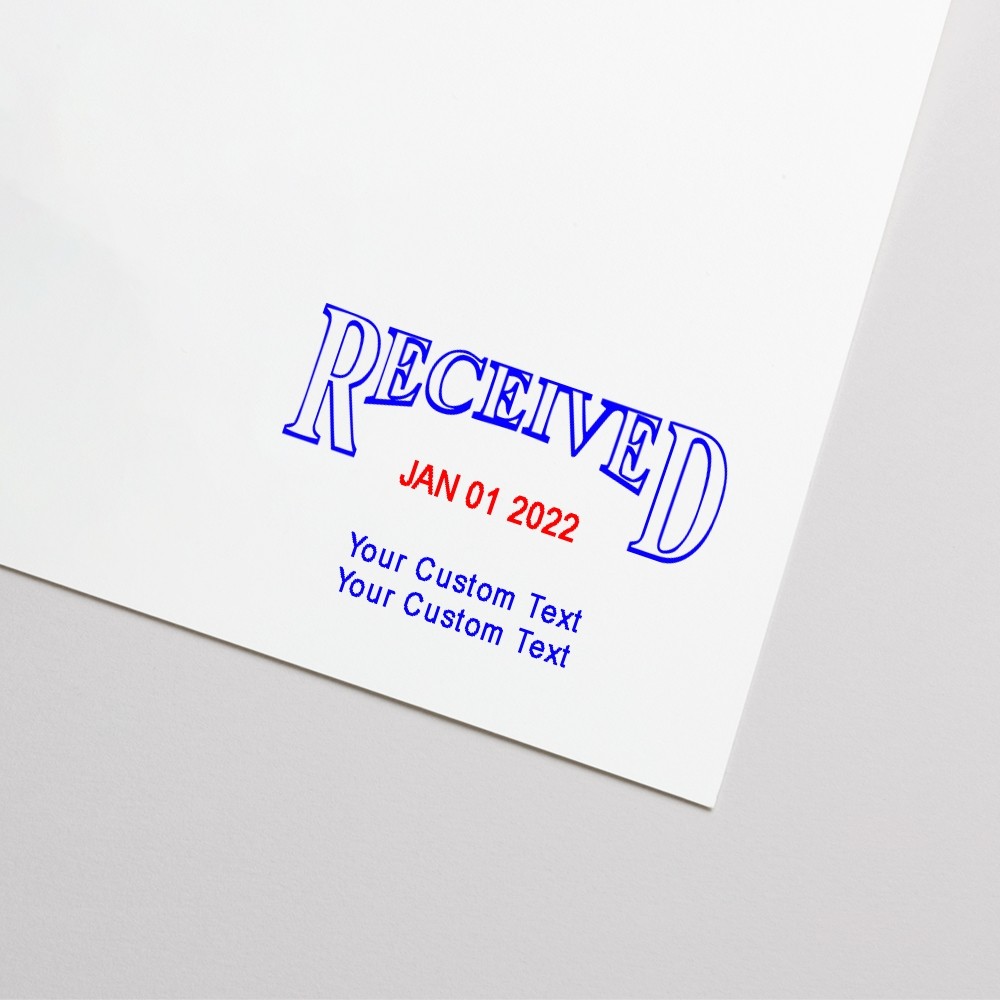 Imprint of Self-Inking Stamp - Received w/ 2 lines of Cust Text - Blue w/ Red Date - 2.3"W x 1.5"H