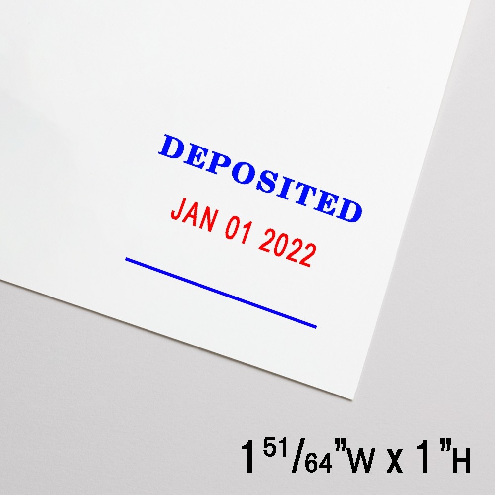 Self-Inking Stamp - Deposited - Dater - Blue w/ Red - 1.8"W x 1"H Medium