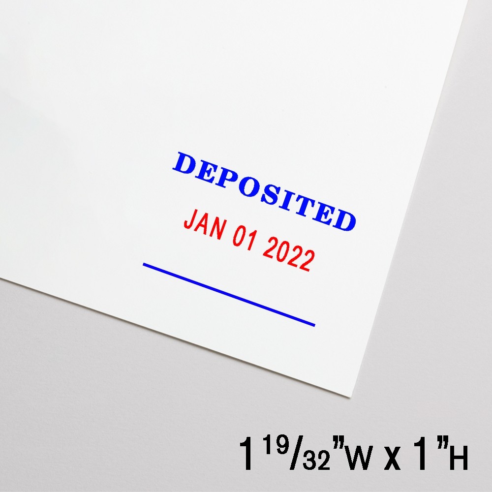 Self-Inking Stamp - Deposited - Dater - Blue w/ Red - 1.6"W x 1"H