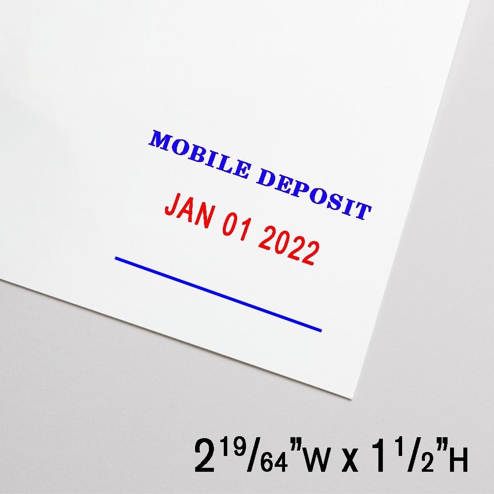 Self-Inking Stamp - Mobile Deposit w/ Date - Blue Text w/ Red Date - 2.3"W x 1.5"H Large