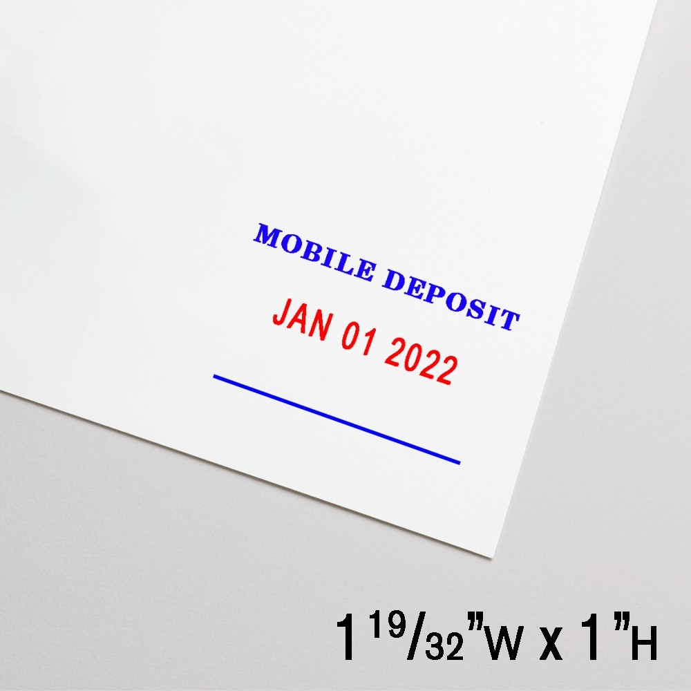Self-Inking Stamp - Mobile Deposit w/ Date - Blue Text w/ Red Date - 1.6"W x 1"H Small