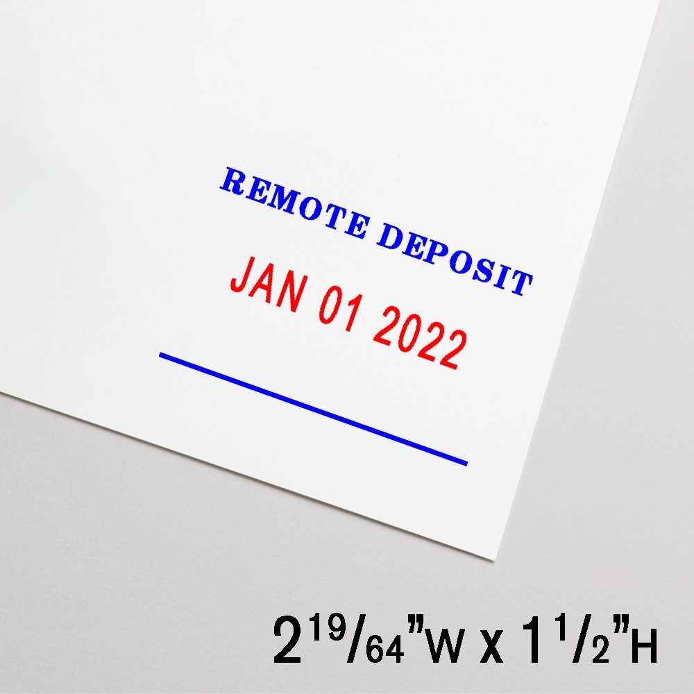 Self-Inking Stamp - Remote Deposit w/ Date - Blue Text w/ Red - 2.3"W x 1.5"H Large