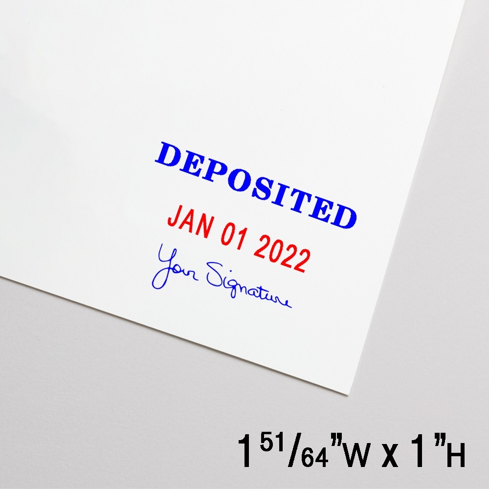 Self-Inking Stamp - Deposited w/ Custom Signature - Blue Text w/ Red Date - 1.8"W x 1"H - Medium