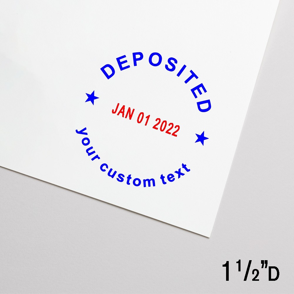 Imprint of Self-Inking Stamp - Deposited - Round - 1 line of Cust Text - Blue w/ Red - 1-1/2"D