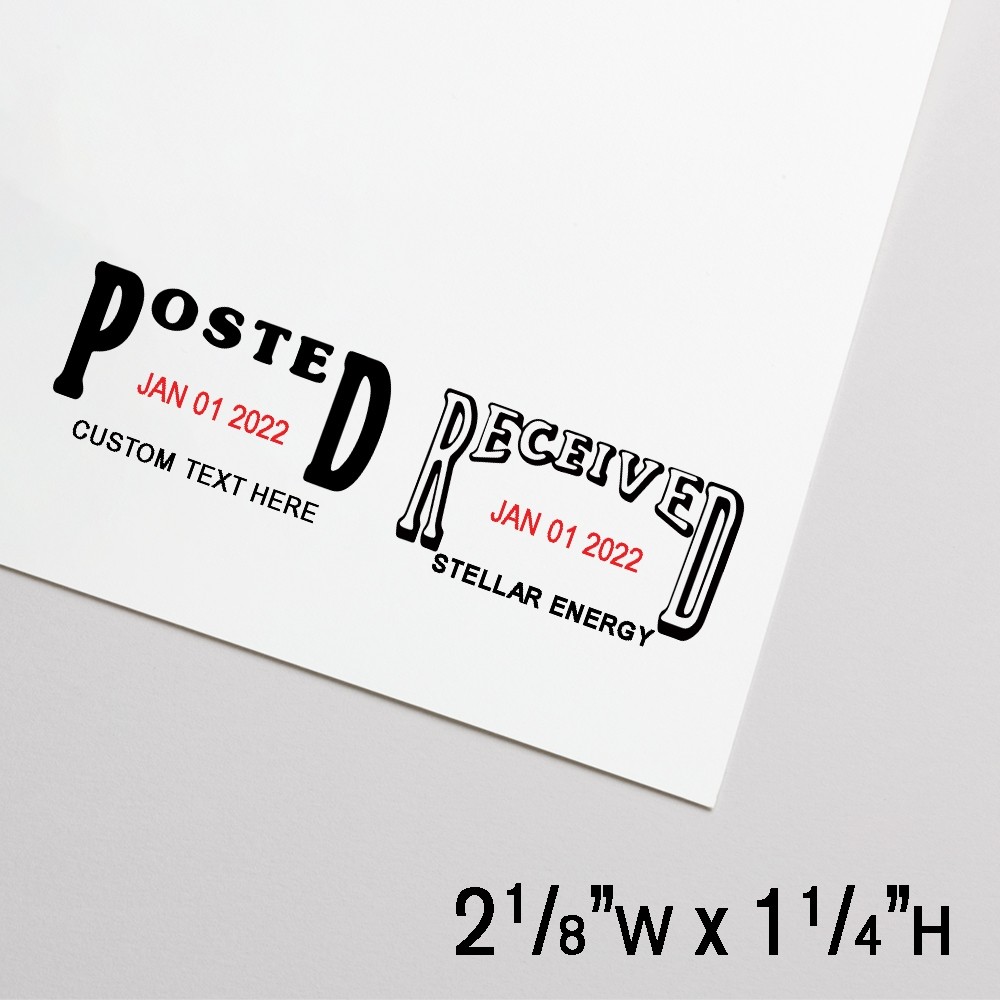 Self-Inking Stamp - Posted & Received Custom Text/Date Set - Black w/ Red - 2 1/8"W x 1-1/4"H imprint on paper