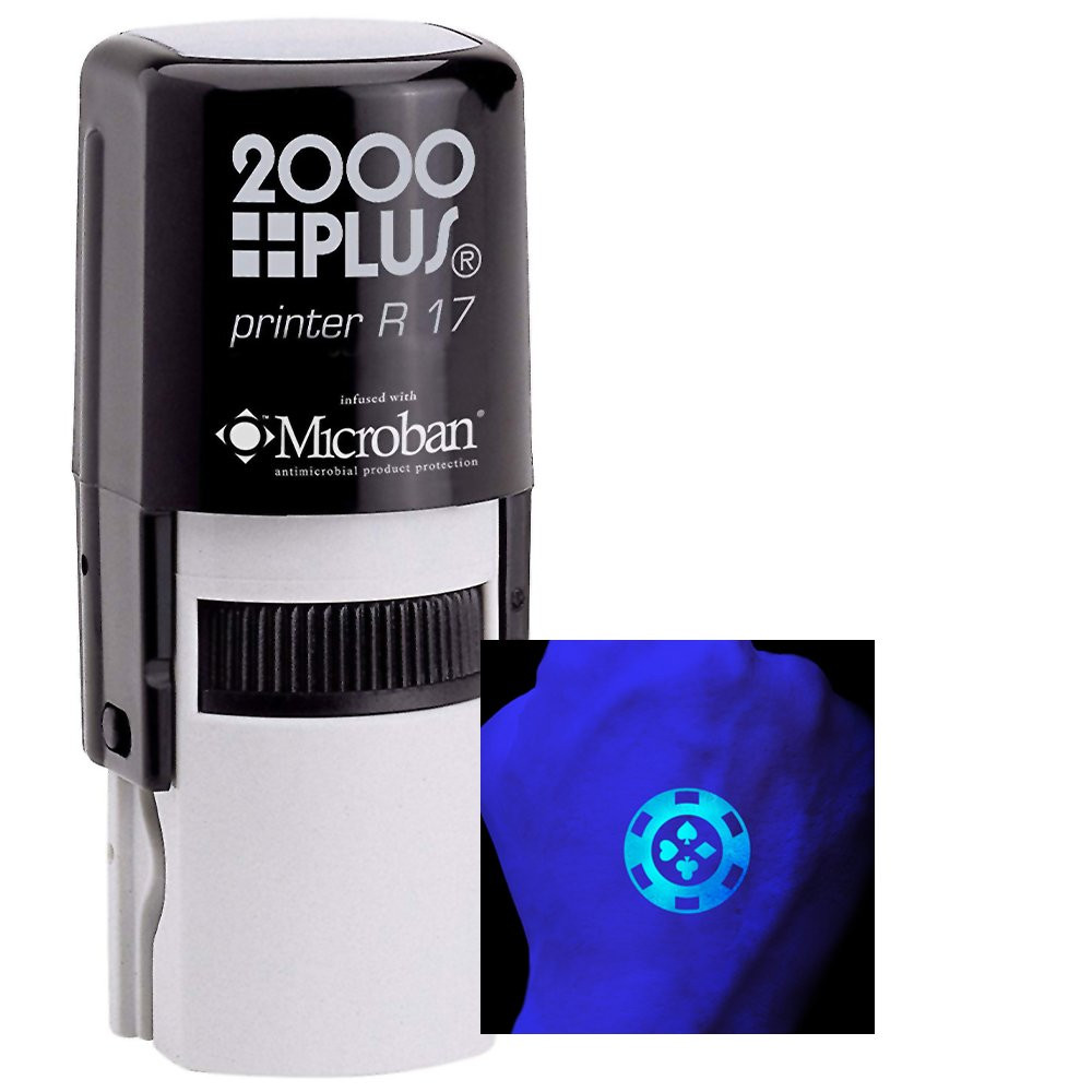 Ultra-Violet ink show in use with Self Inking Hand Stamp w/ Logo - 5/8" Round