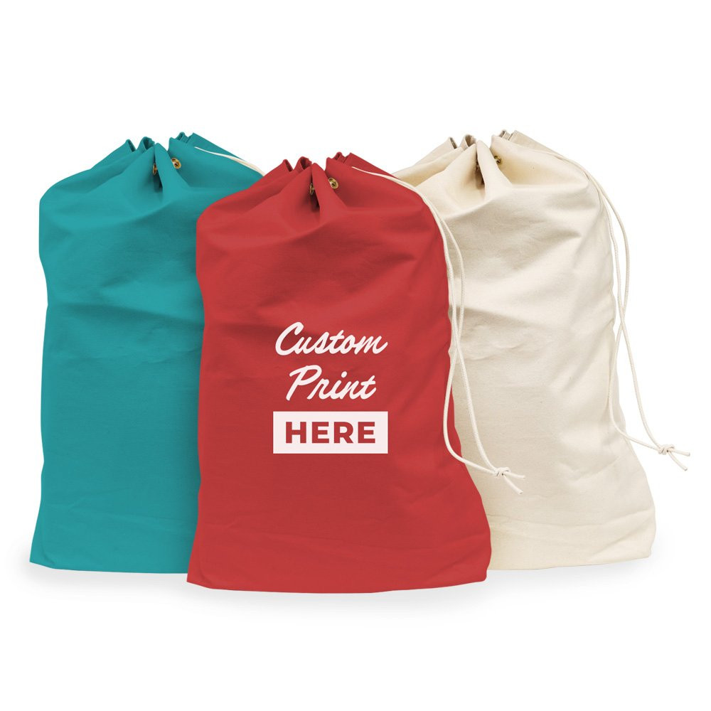 Post Office Mail Bag - 25W x 38H - Teal & Canvas Plain, Red Imprinted next to each other 