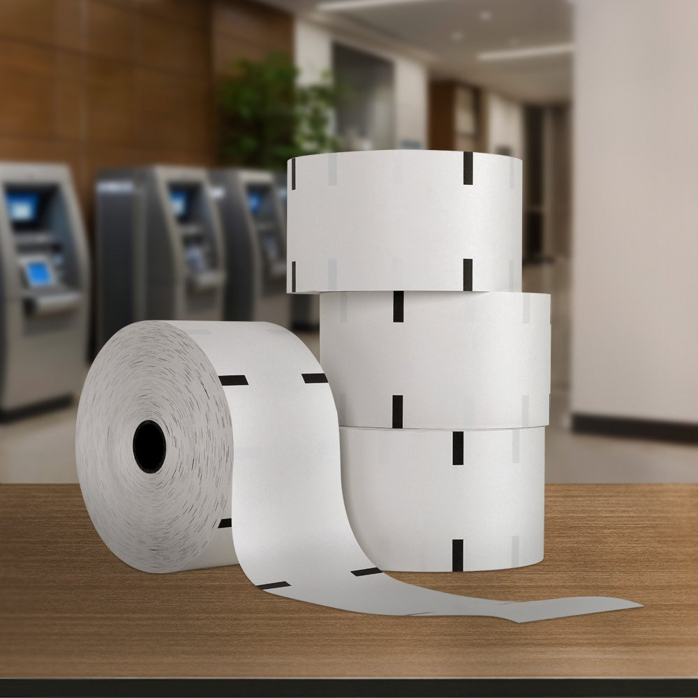 ATM Paper - Diebold - 3-1/8W x 900ft. L- Thermal - OEM # 51505-A with Sensemarks - 4 Rolls/Case - In use