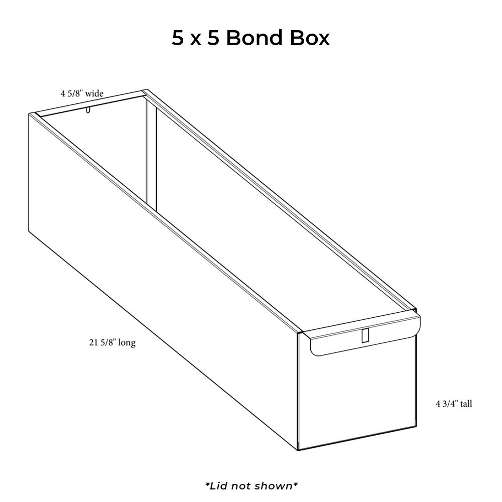 Dimensional diagram of 5 x 5 plastic bond box