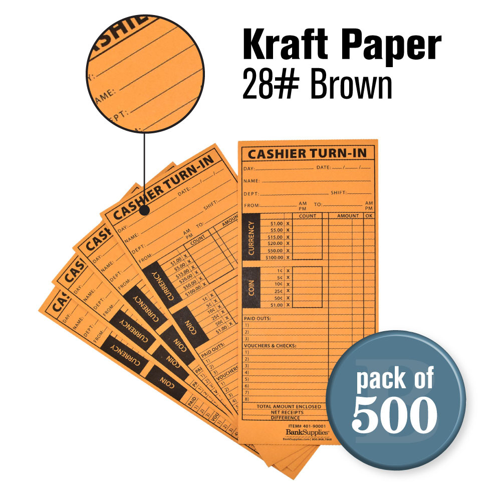 Kraft Paper 28# Brown, Cashier Turn-In Envelope - 4-1/2W x 10-3/8H 