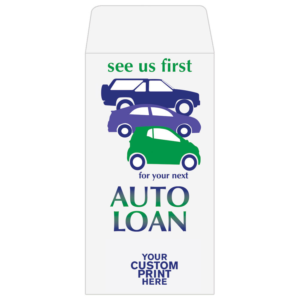 2 Color Pre-Designed Teller Envelopes - See us first - Auto Loan - shown with custom imprint 